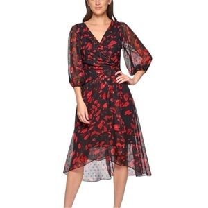 DKNY Black and Red Floral Midi Dress